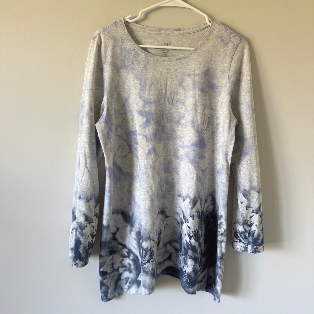 Pure Jill J Jill Washed Floral Tunic Top Blue Grey 100% Cotton MP Petite Artsy